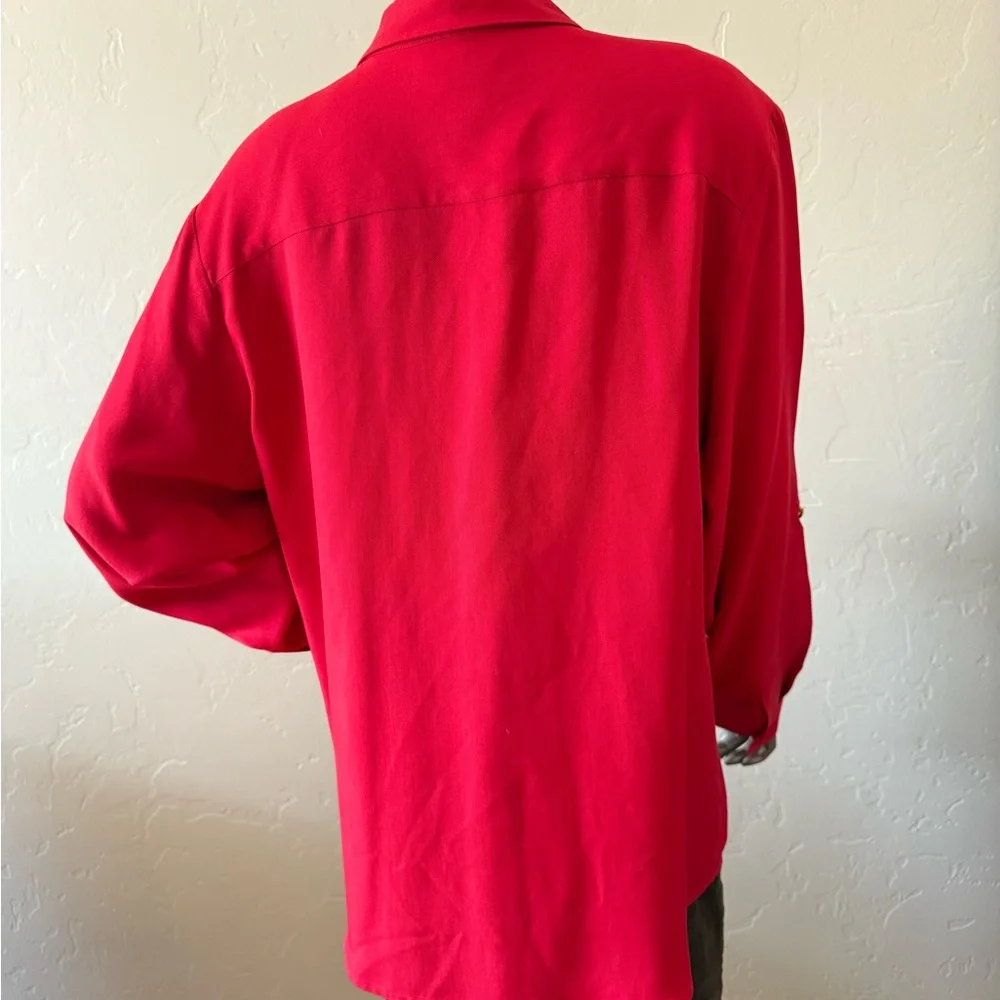 Charter Club Red Classic Button up Silk Blouse‎ Preppy Crest Logo Pocket Size 16
